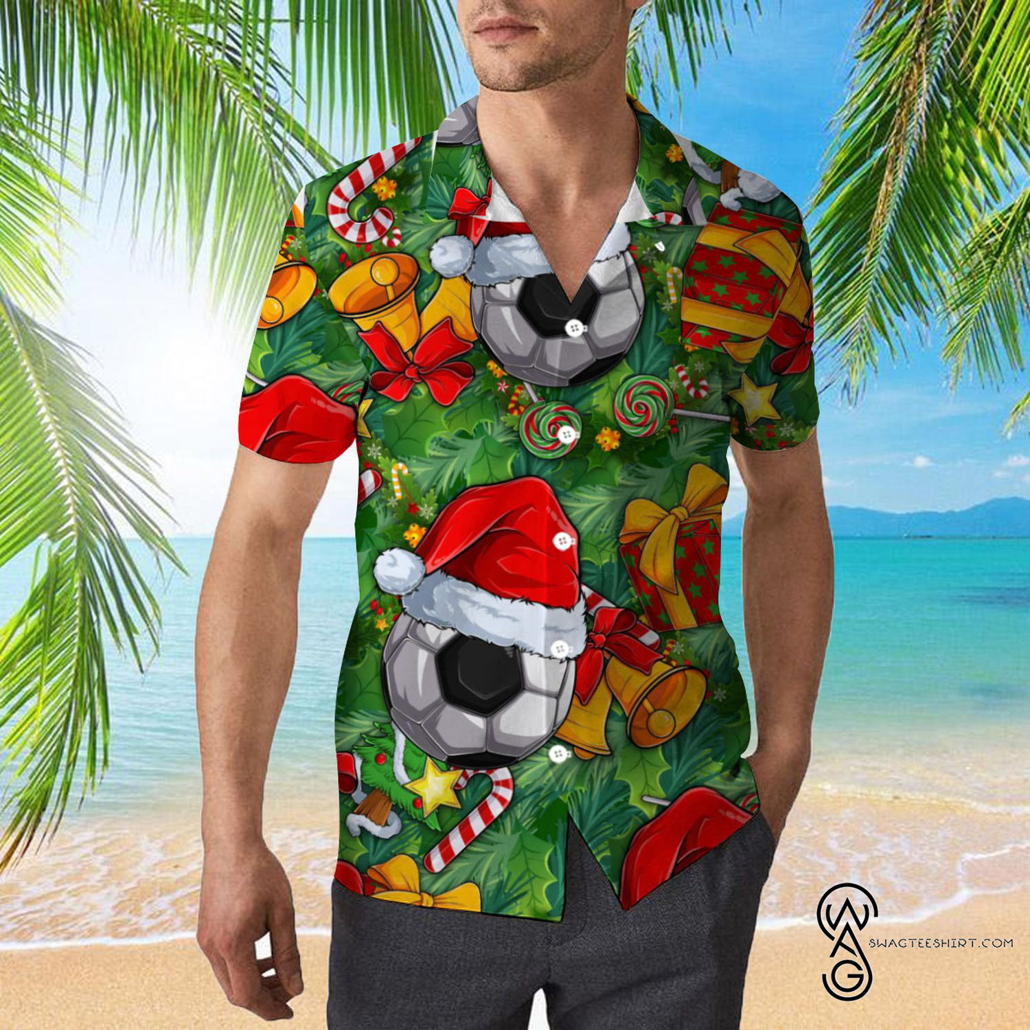 [Top Trending] Soccer Ball With Santa Hat Christmas Pattern Hawaiian Aloha Shirt